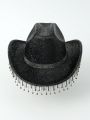 1pc Western Cowboy Hat With Shimmer Surface, Rhinestone & Tassel Decorations Suitable For Both Men And Women For Parties, Stage Shows, And Gatherings