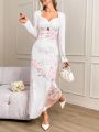 SHEIN Privé Women'S Floral Print Twist Knot Puff Sleeve Sweetheart Neckline Dress