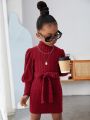 SHEIN Kids Cooltwn Little Girls' Cool And Trendy Street Style Half High Collar Plain Knitted Stripe Dress