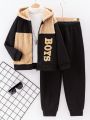SHEIN Boys' Casual Home Warm Fleece Patchwork Hoodie With Letter Print And Sports Pants Two Piece Set