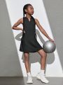 SHEIN Tween Girl Solid Color Back Waist Cutout V-Neck Sleeveless Casual Sporty Dress
