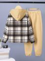SHEIN Kids EVRYDAY Teen Boys' Plaid Hooded Jacket And Solid Straight Pants Two Piece Set