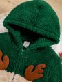 SHEIN Baby Boys' Christmas Reindeer Embroidered Colorblock Hooded Fleece Jumpsuit