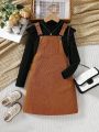 Tween Girl Mock Neck Tee & Pocket Patched Overall Dress