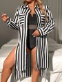 Women's Plus Size Striped Open Front Button Up Long Sleeve Shirt With Split Hem And Pockets