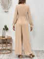 SHEIN VCAY Solid Color V-neck Ruffle Sleeve Jumpsuit