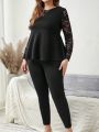 EMERY ROSE Plus Size Black Lace Splicing Ruffled Top And Pants Set