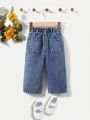 SHEIN Baby Girls' Casual, Soft, Comfortable And Loose Fit Thin Denim Jeans For Spring And Summer
