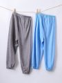 SHEIN Kids EVRYDAY 2pcs/Set Toddler Boys' Casual Style Blue And Grey Drawstring Joggers, Summer