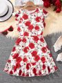 SHEIN Kids CHARMNG Big Girls' Knit Floral Print Round Neck Flying Sleeve Romantic Dress