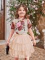 SHEIN Kids FANZEY Young Girl's Floral Print Puff Sleeve Top With Peter Pan Collar And Drop Shoulder