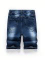Tween Boy's Jeans Shorts, New Casual Fashion Distressed Design With Paint Splatters, Ripped Water-Washed Denim Shorts