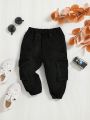 SHEIN Baby Boys' Denim Cargo Pants With Elasticized Cuffs