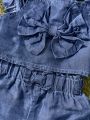 Baby Girls' Denim Top And Shorts With Ruffled Square Neckline