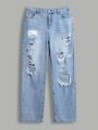 SHEIN Teenage Boys' Loose Casual Washed Denim Jeans With Destroyed Cat Whisker Design, Suitable For Spring, Summer, Autumn