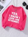 Young Girls' Casual Letter Printed Long Sleeve Sweatshirt With Round Neckline, Suitable For Autumn And Winter