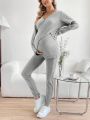 SHEIN Maternity Nursing Top And Pajama Set With Crisscross Design