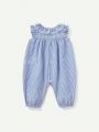 Cozy Cub Baby Girl Blue & White Vertical Stripe Print Jumpsuit With Ruffle & Lace Trimmed Square Neckline And Sleeveless Design