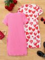 SHEIN Kids Y2Kool 2pcs/Set Tween Girls' Fashionable Sweetheart Knitted Short Sleeve Dress With Round Neck