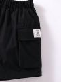 SHEIN Boys' Elastic Waist Flap Pocket Denim Shorts With Side Stripe Detail