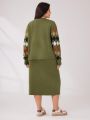 SHEIN Mulvari Plus Size Women's Diamond Check Round Neck Sweater And Knitted Skirt Set