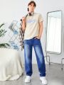 SHEIN Teen Boy's Elastic Leisure Loose Straight Leg Spring/Summer Washed Denim Jeans, Blue