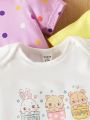 Baby Girl's Summer New Arrival Casual Cute Cartoon Printed With Envelope Neckline, Comfortable Loose Fit And Hairband 3-Piece Set