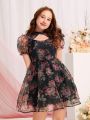 SHEIN Teen Girls Floral Print Cut Out Front Puff Sleeve Organza Overlay Dress