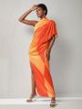 Ishaarah Women'S Color Block Asymmetrical Collar Button Detail High Slit Maxi Dress