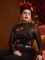 Frida Kahlo X SHEIN Plus 1pc Floral Print Mock Neck Tee