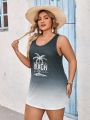 SHEIN VCAY Plus Size Ombre Printed Palm Tree & Letter Pattern Sleeveless Dress