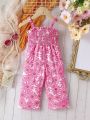 Summer New Arrival Baby Girl Casual Floral Printed Overall Jumpsuit With Lovely Tie Shoulder Straps