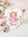 1pc Baby Girl Elegant Summer Cartoon Printed Bubble Sleeve Romper With Large Pattern