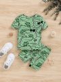 SHEIN Baby Boy Snug Fit Funny Crocodile Pattern Round Neck Short Sleeve T-Shirt And Casual Shorts 2pcs/Set