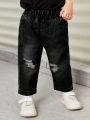 Unisex Baby Basic Vintage Distressed Loose Tapered Jeans For Daily Wear
