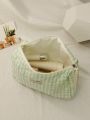 1pc Green Grid Pattern Large Capacity Portable Zippered Cosmetic Bag Suitable For Women's Outdoor Travel