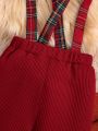 Baby Boys' Turn-Down Collar Long Sleeve Bodysuit+Embroidered Check Corduroy Overalls+Santa Hat Set For Parties, Festivals, Going Out Autumn/Winter Season