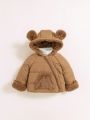 SHEIN Baby Boy 3D Ear Design Hooded Teddy Lined Raglan Sleeve Zipper Puffer Coat