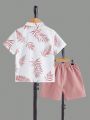 SHEIN Kids SUNSHNE Young Boy Leisure Comfortable Plant Print Top And Solid Color Shorts Set