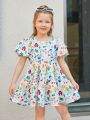 SHEIN Kids QTFun Little Girls' Woven Cute Cartoon Pattern Bubble Sleeve Detachable Bowknot Dress