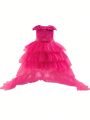 Baby Girls' Butterfly Knot Decorated Multi-Layered Mesh Dress With Flared Hemline, Perfect For Birthday Party, Evening Party, Stage Performance, Wedding, Full Moon, Baptism And One-Year-Old Celebration