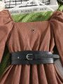 Teenage Girls' Corduroy Long Sleeve Square Collar Dress With Belt Included