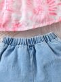 Baby Girl Spring And Summer Pink Tie-Dyed Off-Shoulder Top And Ripped Denim Shorts Set With Headband