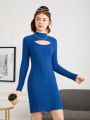 Teen Girls' Solid Color Rib Knit Mock Neck Hollow Out Bodycon Dress