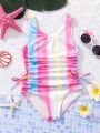 SHEIN Young Girl's Gradient Knitted Slim Fit Ruched One-Piece Swimsuit