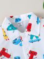 Baby Boy's All-Over Letter Printed Shirt And Shorts Set, Casual, Comfortable, Simple, Cute And Fun For Spring And Summer