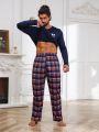 Men Slogan Graphic Tee & Plaid Pants PJ Set