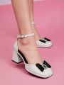 SHEIN MOD Valentine's Day Black High-Heeled Single Shoes For Women With Diamond Decoration And Bowknot