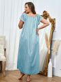 Plus Size Square Neck Bow Embellished Polka Dot Nightgown