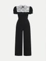 Teen Girl Knitted Patchwork Lace Decor Bowknot Puff Sleeve Casual Jumpsuit